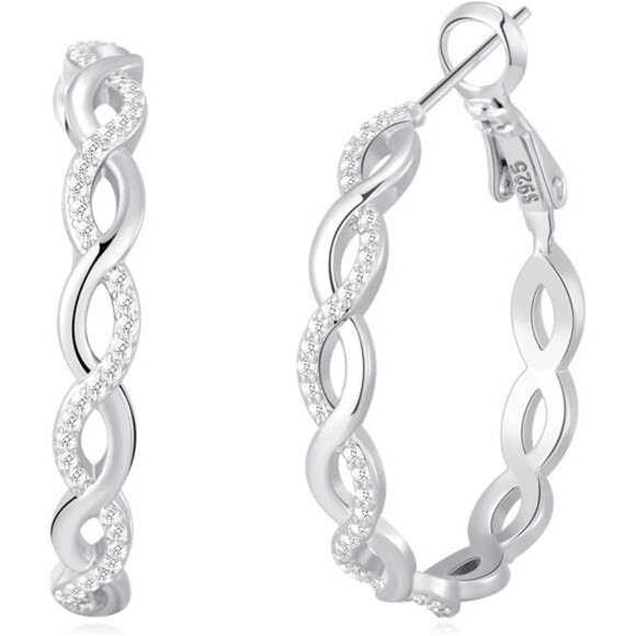 Sterling Silver Twisted Hoop Earrings Cubic Zirconia Hypoallergenic Gift - Picture 1 of 7